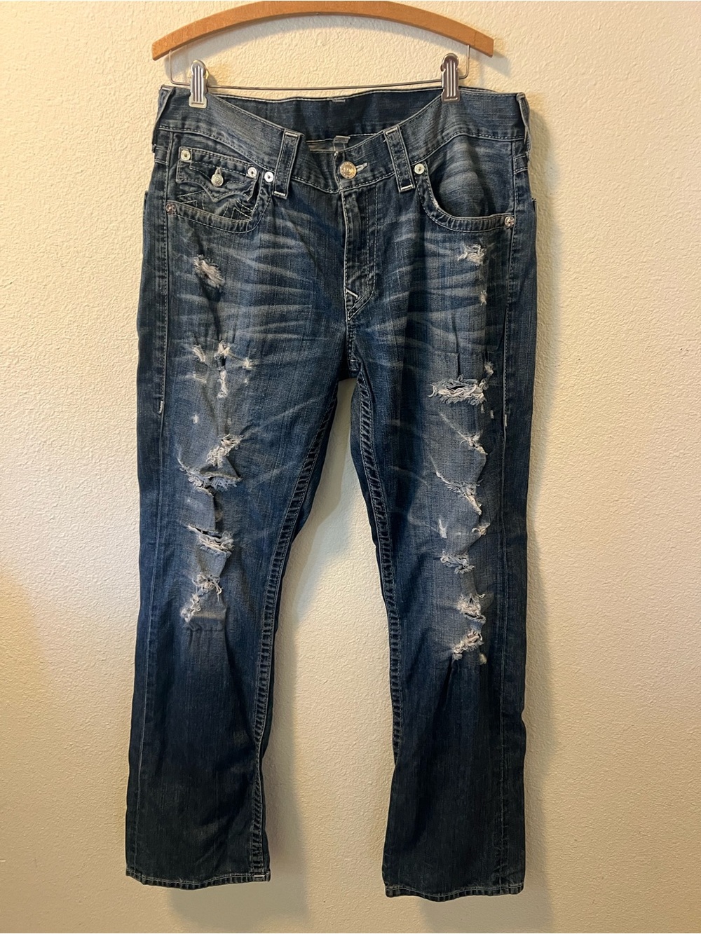 True Religion Men’s Ripped Washed Distressed Indigo Straight Jeans